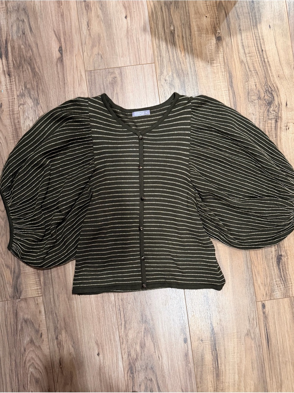 Olive and gold Striped Puff-Sleeve Button-Front Top - Women